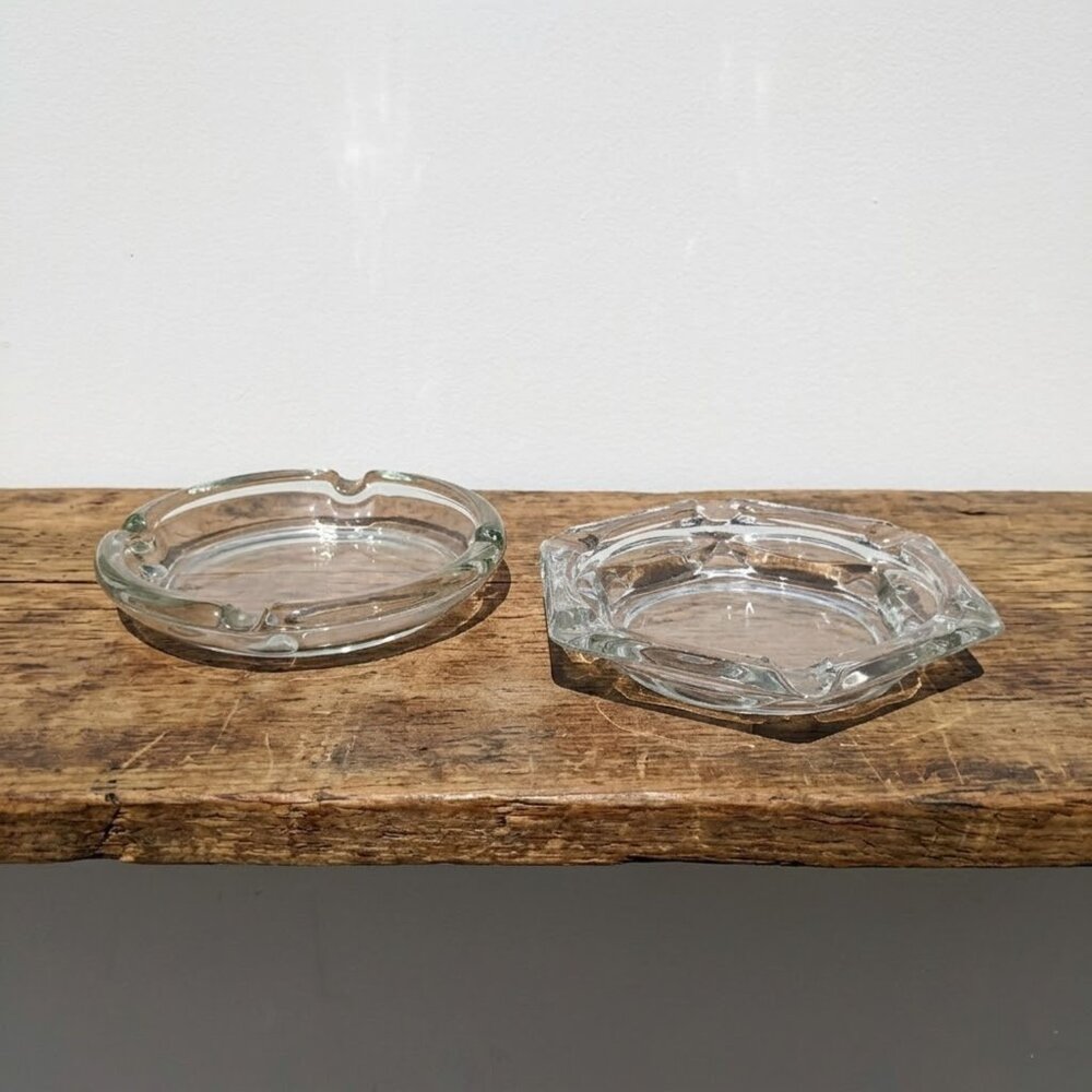 Vintage Large Heavy Clear Glass Ashtray Set of 2 Round & Hexagon MCM Cigar 7.5"